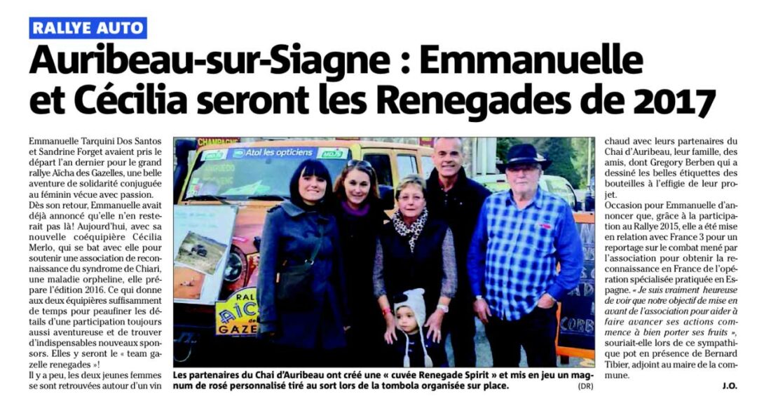 Nice-Matin / Parrain de l'équipage 2017 Rallye des Gazelles / Article Team Renegades